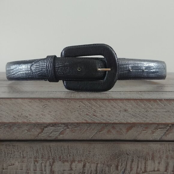 Vintage made in Canada Womens Small black leather belt snakeskin look 28 - Picture 1 of 13